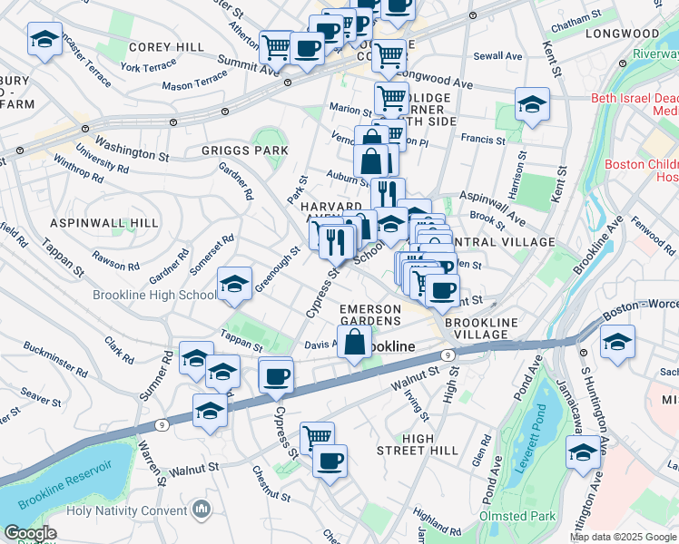 map of restaurants, bars, coffee shops, grocery stores, and more near 3 Cypress Street in Brookline