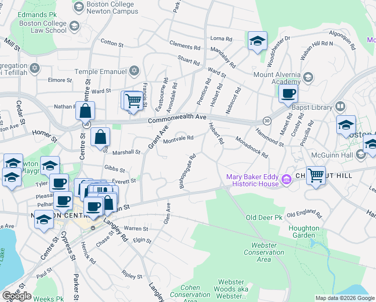 map of restaurants, bars, coffee shops, grocery stores, and more near 1 Croftdale Road in Newton