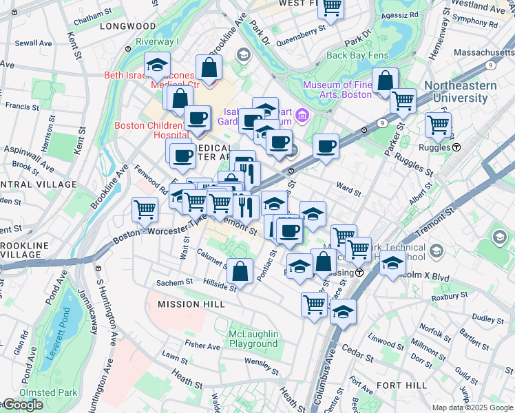 map of restaurants, bars, coffee shops, grocery stores, and more near 31 Worthington Street in Boston