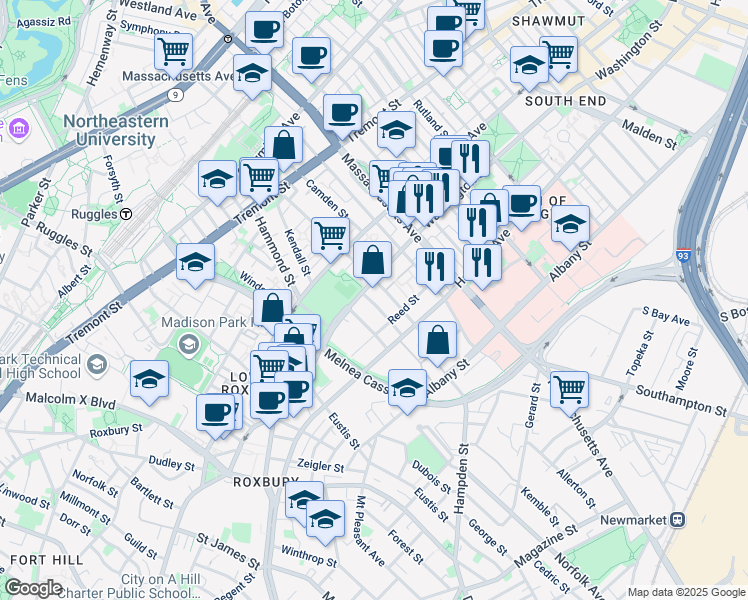 map of restaurants, bars, coffee shops, grocery stores, and more near in Boston