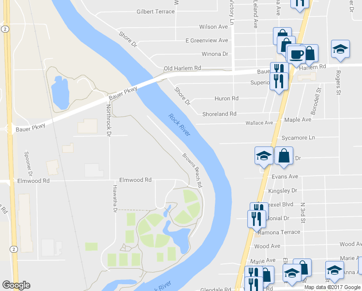 map of restaurants, bars, coffee shops, grocery stores, and more near 5151 Browns Beach Road in Rockford