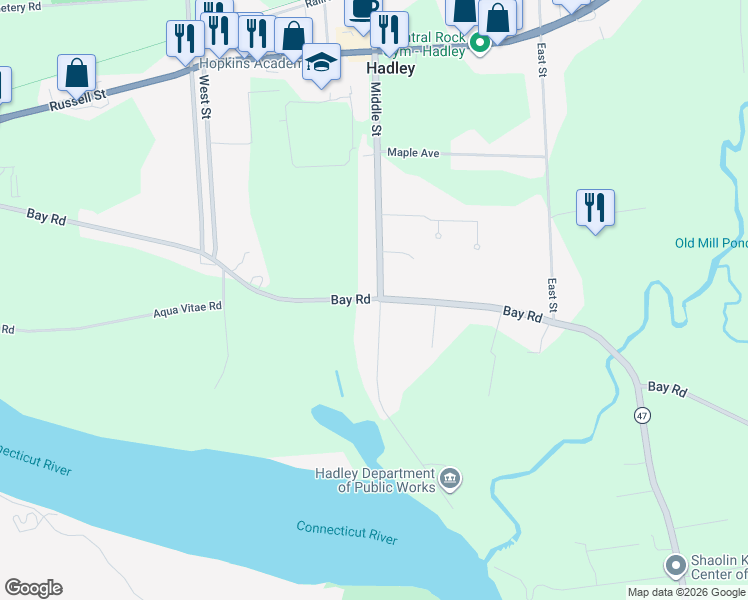 map of restaurants, bars, coffee shops, grocery stores, and more near 92 Bay Road in Hadley