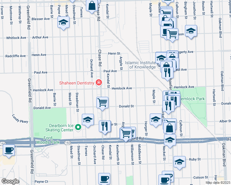 map of restaurants, bars, coffee shops, grocery stores, and more near 6150 Kenilworth Street in Dearborn