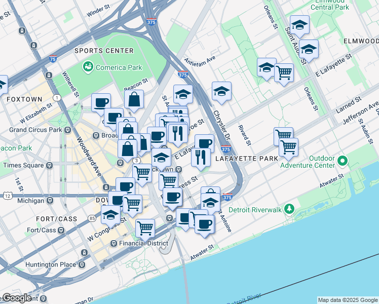 map of restaurants, bars, coffee shops, grocery stores, and more near 733 Saint Antoine in Detroit