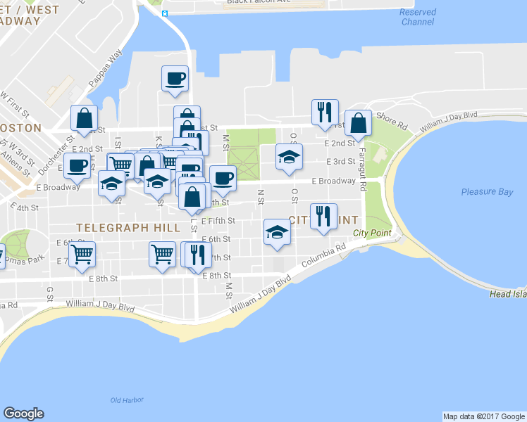 map of restaurants, bars, coffee shops, grocery stores, and more near 108 N Street in Boston