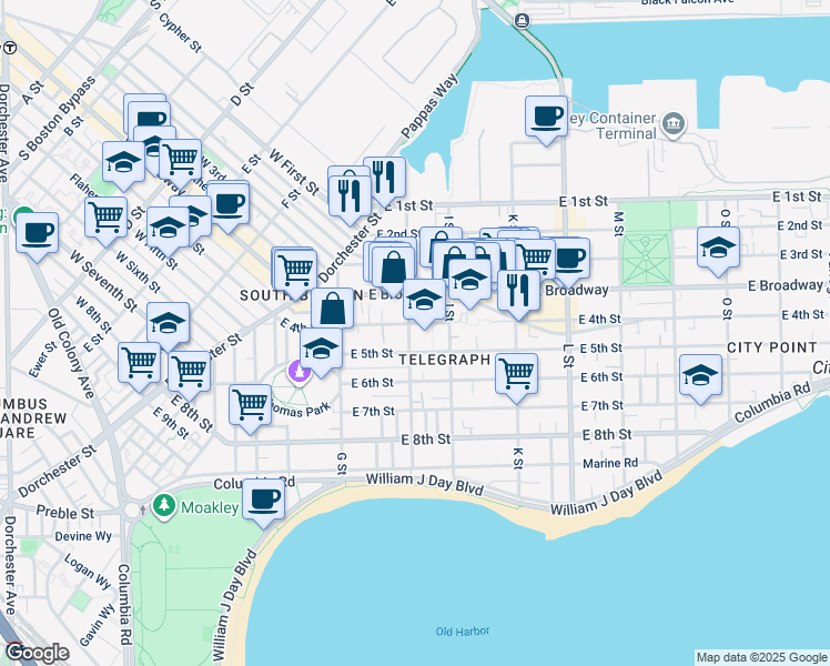 map of restaurants, bars, coffee shops, grocery stores, and more near 96 H Street in Boston