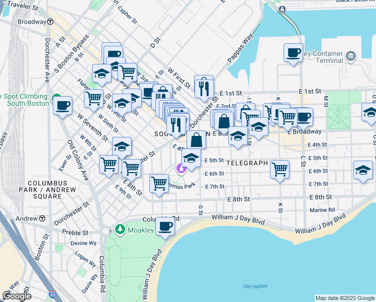map of restaurants, bars, coffee shops, grocery stores, and more near 43 G Street in Boston