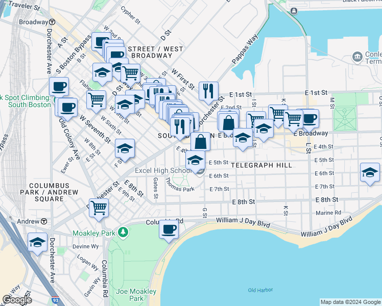 map of restaurants, bars, coffee shops, grocery stores, and more near 475 East 4th Street in Boston