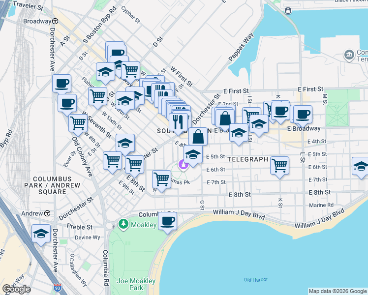map of restaurants, bars, coffee shops, grocery stores, and more near 475 East 4th Street in Boston