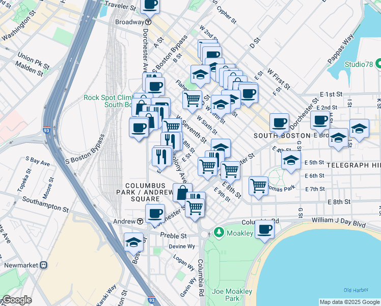 map of restaurants, bars, coffee shops, grocery stores, and more near 149 West 8th Street in Boston
