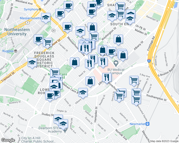 map of restaurants, bars, coffee shops, grocery stores, and more near 62-64 Northampton Street in Boston