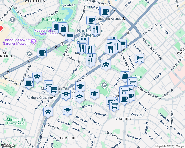 map of restaurants, bars, coffee shops, grocery stores, and more near 1199 Tremont Street in Boston