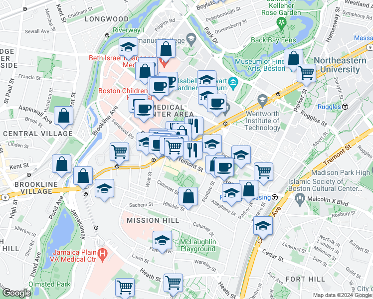 map of restaurants, bars, coffee shops, grocery stores, and more near in Boston