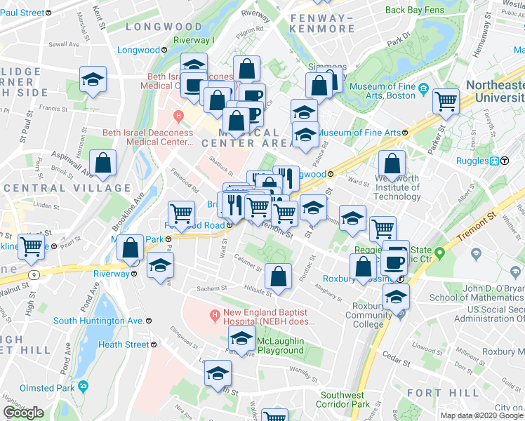 map of restaurants, bars, coffee shops, grocery stores, and more near 1635 Tremont Street in Boston
