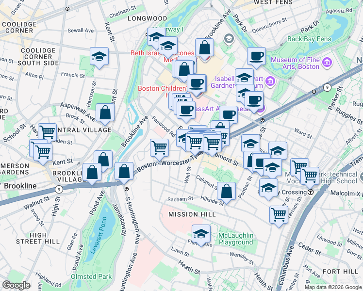 map of restaurants, bars, coffee shops, grocery stores, and more near 44 Fenwood Road in Boston