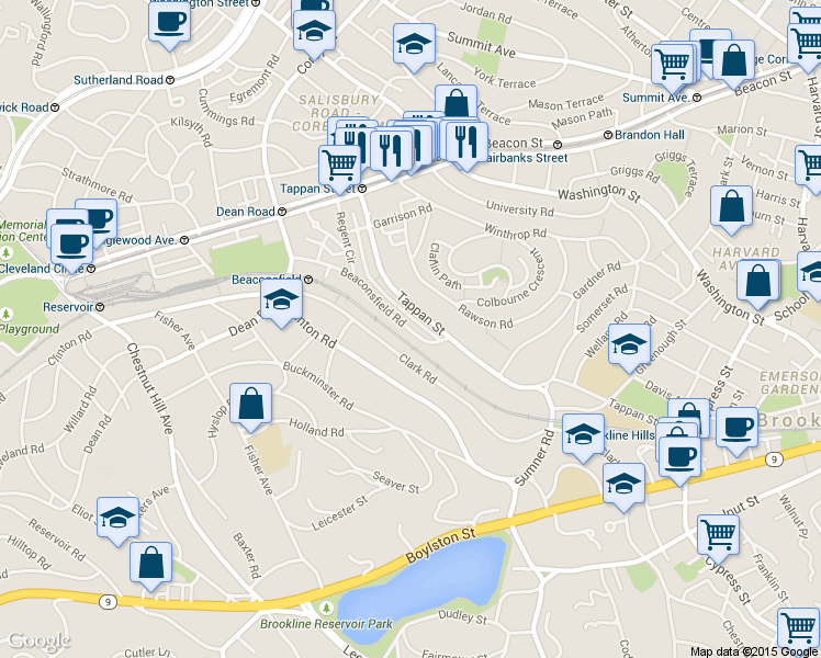 map of restaurants, bars, coffee shops, grocery stores, and more near 46 Beaconsfield Road in Brookline