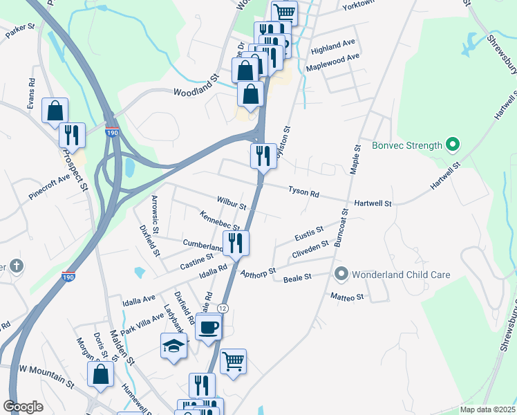 map of restaurants, bars, coffee shops, grocery stores, and more near 1140 West Boylston Street in Worcester