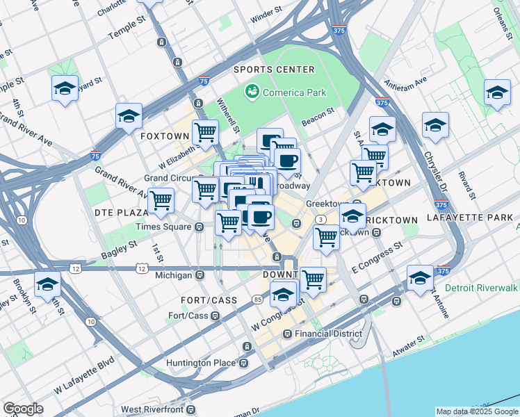 map of restaurants, bars, coffee shops, grocery stores, and more near in Detroit