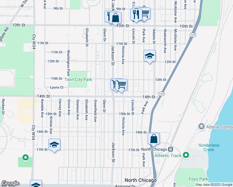 map of restaurants, bars, coffee shops, grocery stores, and more near 1016 14th Street in North Chicago