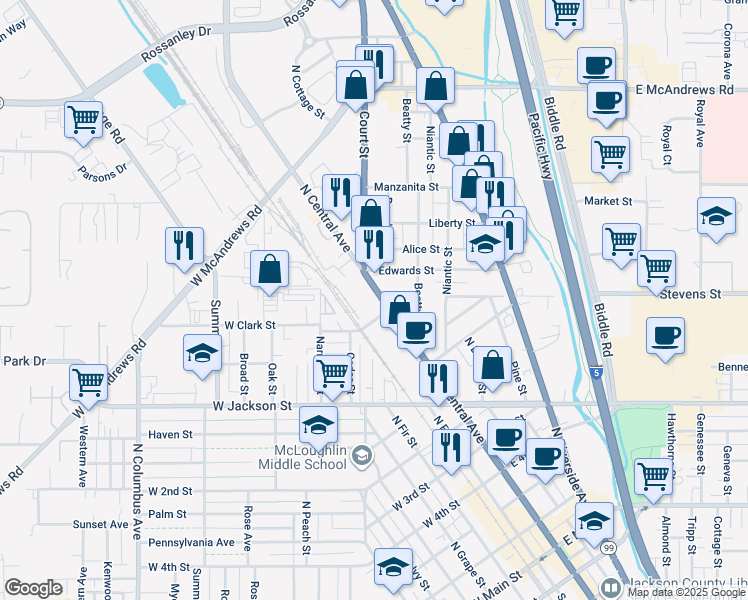 map of restaurants, bars, coffee shops, grocery stores, and more near 913 North Central Avenue in Medford