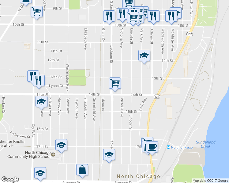 map of restaurants, bars, coffee shops, grocery stores, and more near 1016 14th Street in North Chicago