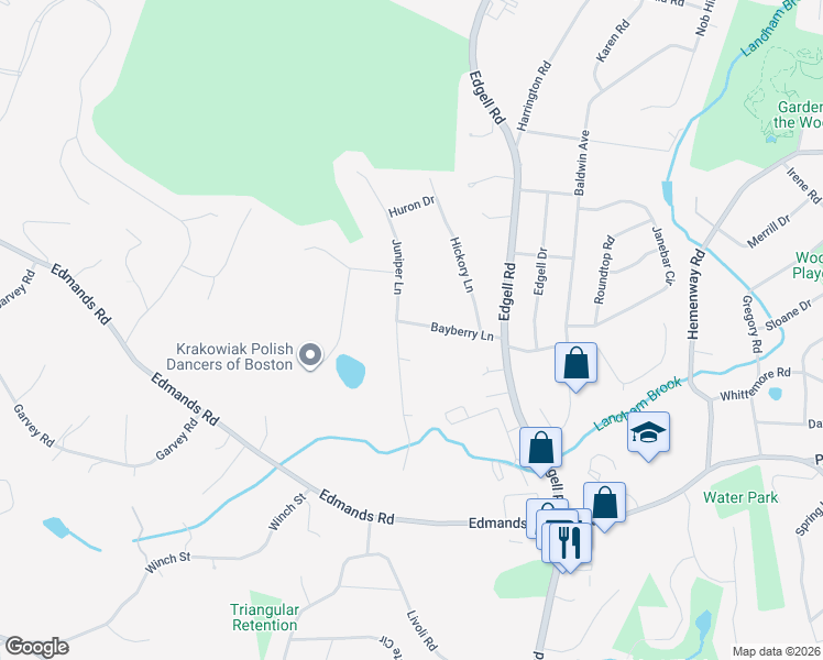 map of restaurants, bars, coffee shops, grocery stores, and more near 18 Bayberry Lane in Framingham