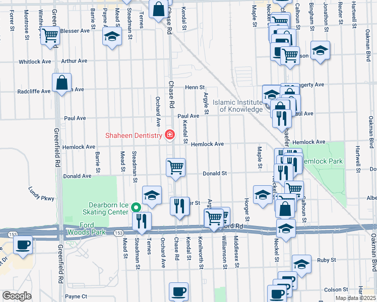 map of restaurants, bars, coffee shops, grocery stores, and more near 6140 Kendal Street in Dearborn