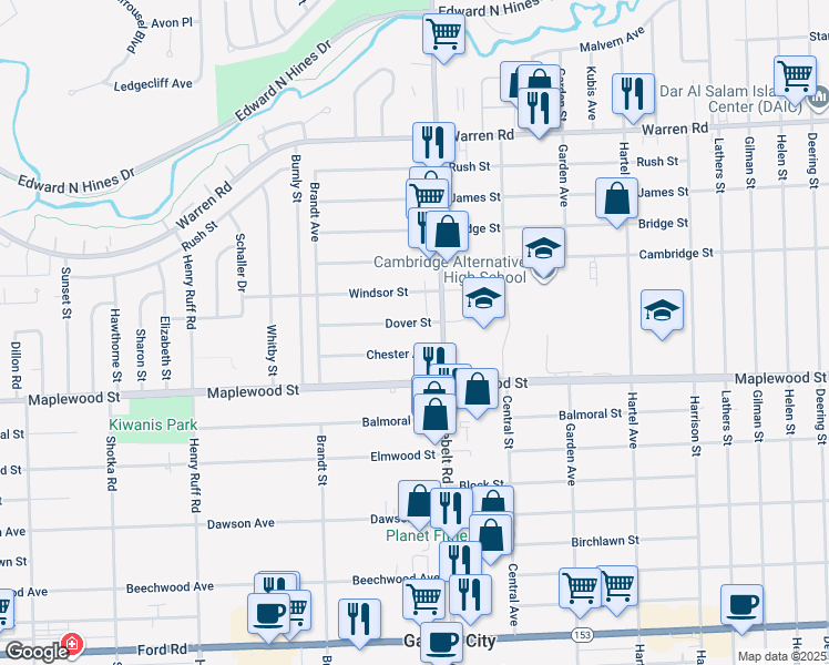 map of restaurants, bars, coffee shops, grocery stores, and more near 29457 Dover St in Garden City