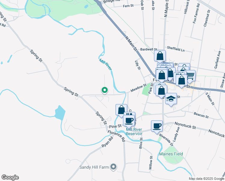 map of restaurants, bars, coffee shops, grocery stores, and more near 123 Meadow Street in Northampton