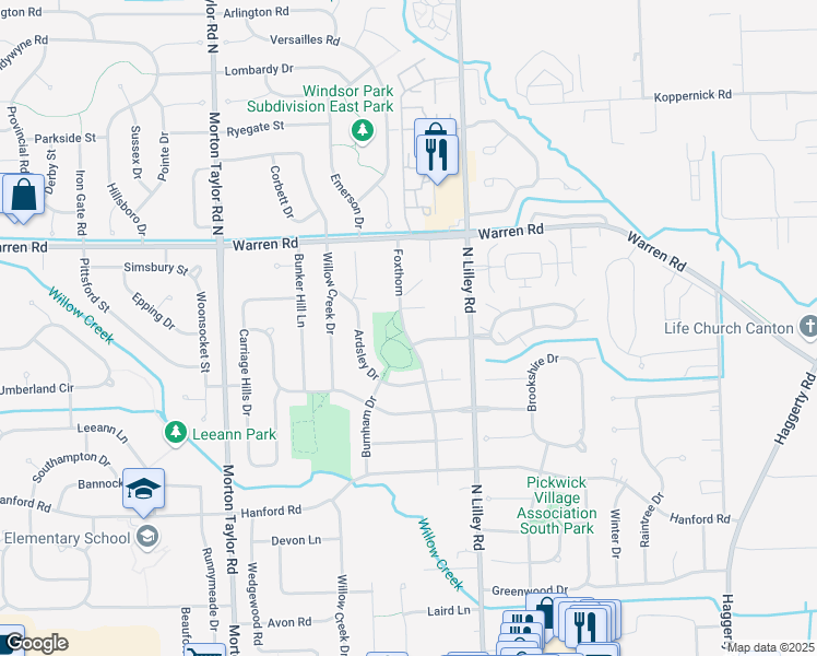 map of restaurants, bars, coffee shops, grocery stores, and more near 6946 Foxthorn in Canton