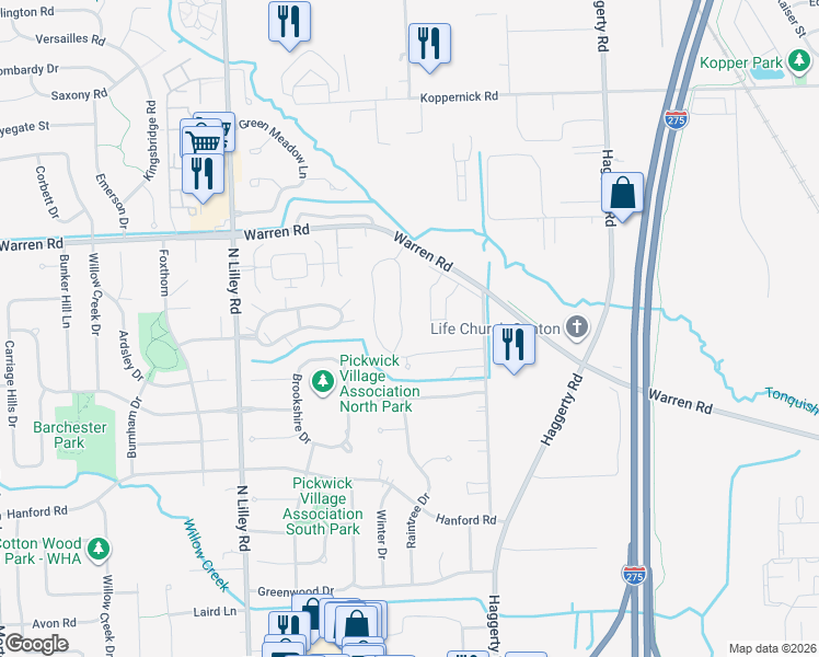 map of restaurants, bars, coffee shops, grocery stores, and more near 7037 Foxridge Drive in Canton