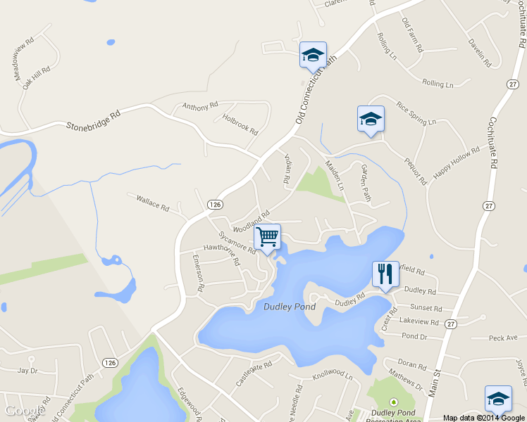 map of restaurants, bars, coffee shops, grocery stores, and more near 26 Pine Ridge Road in Wayland