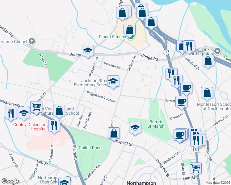 map of restaurants, bars, coffee shops, grocery stores, and more near 120 Jackson Street in Northampton