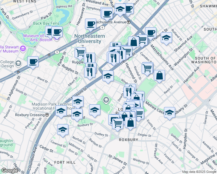 map of restaurants, bars, coffee shops, grocery stores, and more near 28 Raynor Circle in Boston