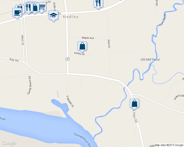 map of restaurants, bars, coffee shops, grocery stores, and more near 112 Bay Rd in Hadley