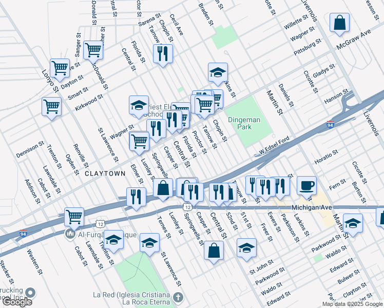 map of restaurants, bars, coffee shops, grocery stores, and more near 5403 Florida Street in Detroit