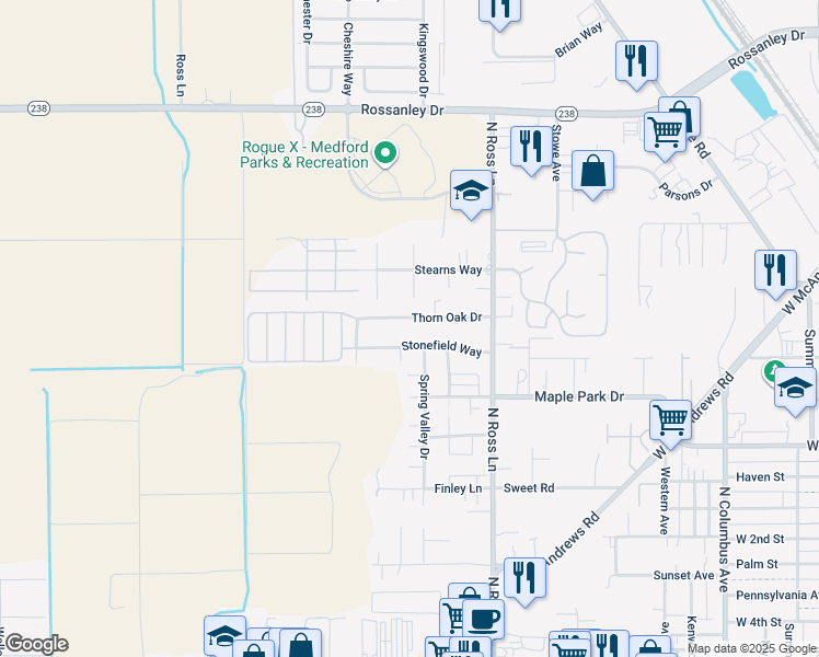 map of restaurants, bars, coffee shops, grocery stores, and more near 2465 Thorn Oak Dr in Medford