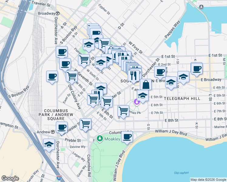 map of restaurants, bars, coffee shops, grocery stores, and more near 258 West Sixth Street in Boston