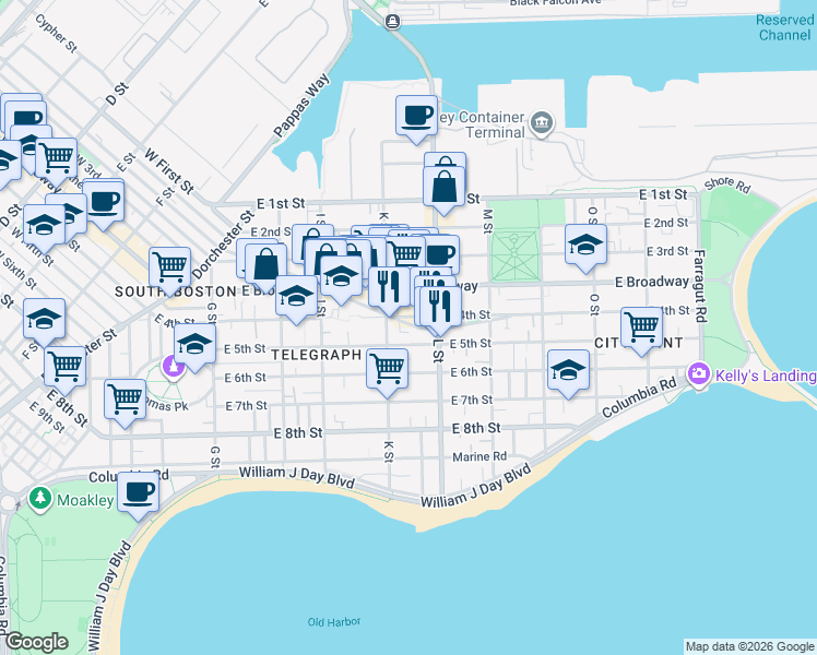 map of restaurants, bars, coffee shops, grocery stores, and more near 689 East 4th Street in Boston