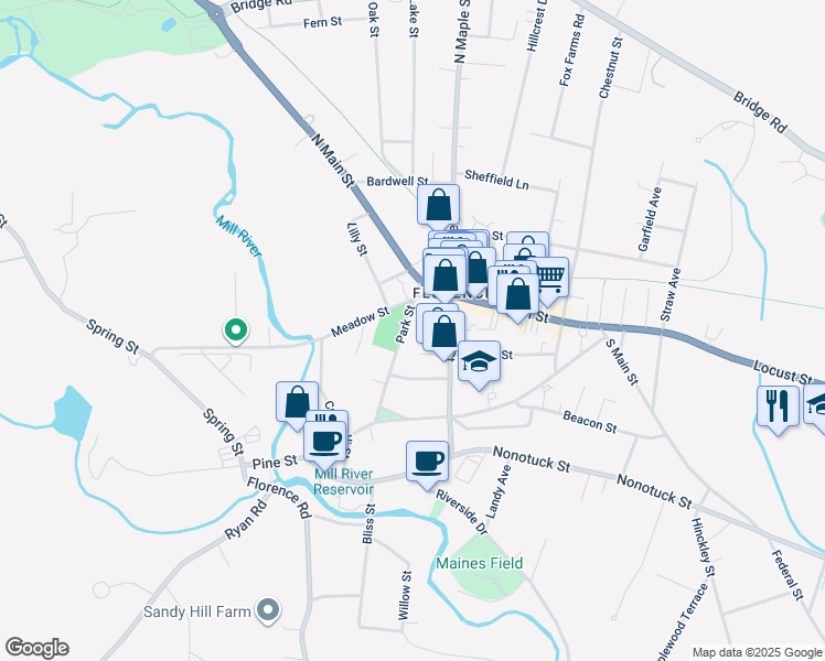 map of restaurants, bars, coffee shops, grocery stores, and more near 57 Park Street in Northampton