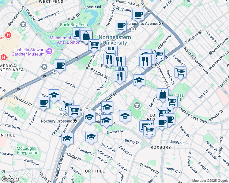 map of restaurants, bars, coffee shops, grocery stores, and more near 1199 Tremont Street in Boston