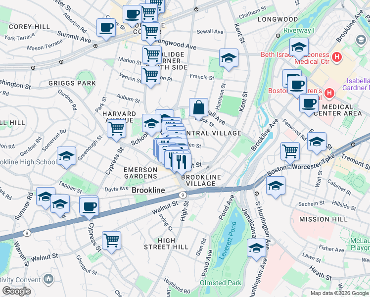 map of restaurants, bars, coffee shops, grocery stores, and more near 14 Linden Street in Brookline