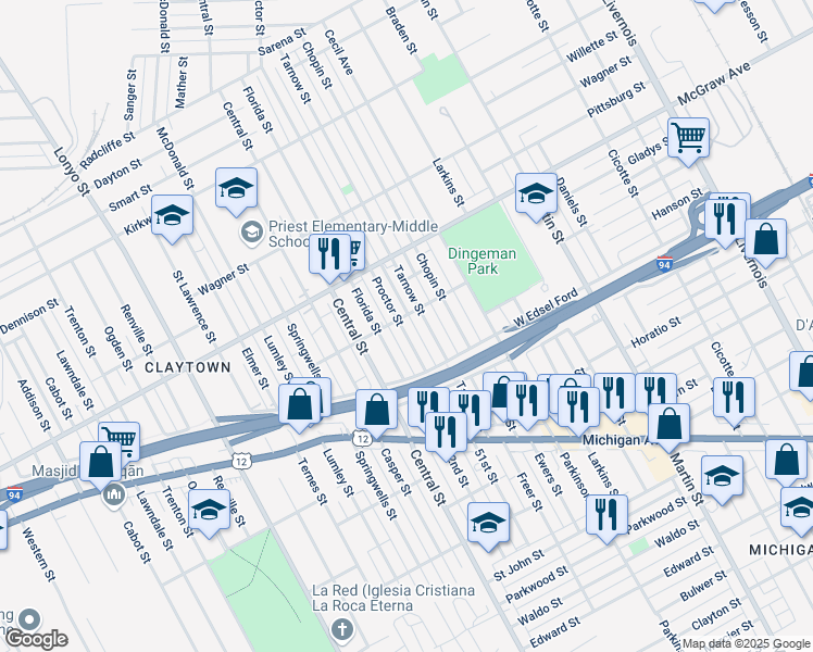 map of restaurants, bars, coffee shops, grocery stores, and more near 5298 Proctor Street in Detroit