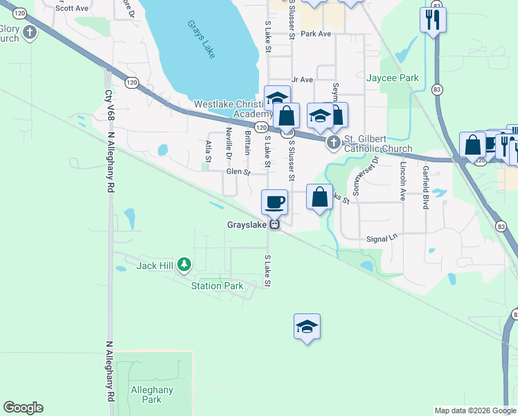 map of restaurants, bars, coffee shops, grocery stores, and more near 420 South Lake Street in Grayslake