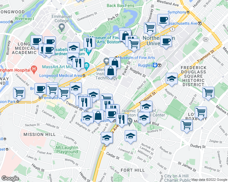 map of restaurants, bars, coffee shops, grocery stores, and more near 621 Parker Street in Boston