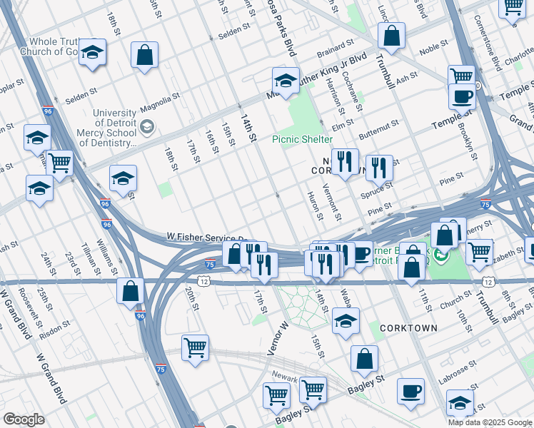 map of restaurants, bars, coffee shops, grocery stores, and more near 2200 Perry Street in Detroit