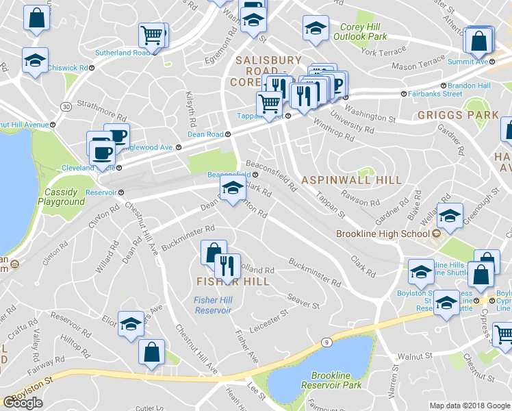 map of restaurants, bars, coffee shops, grocery stores, and more near 171 Clinton Road in Brookline