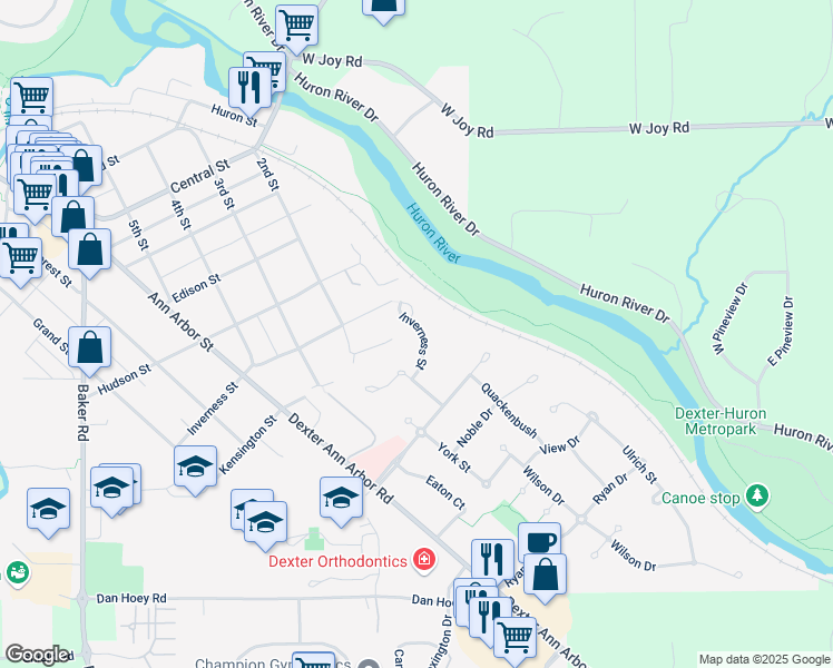 map of restaurants, bars, coffee shops, grocery stores, and more near 3672 Cushing Court in Dexter