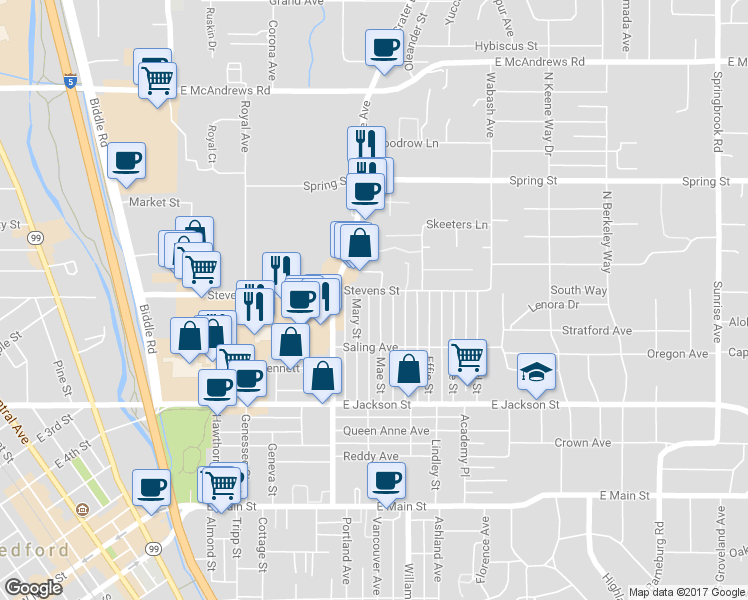 map of restaurants, bars, coffee shops, grocery stores, and more near 541 Mae St in Medford