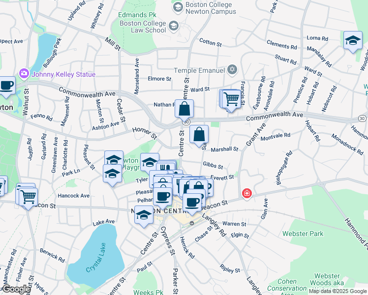 map of restaurants, bars, coffee shops, grocery stores, and more near 1106 Centre Street in Newton